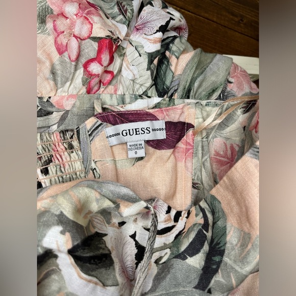 Guess Pink Floral Spaghetti Strap Smocked Sophie Linen Cut-Out Mini Dress Size 0 - Picture 4 of 6